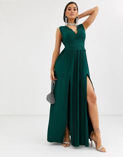 Fuller Bust premium lace insert pleated maxi dress-Green