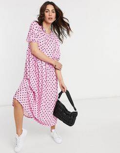 gathered neck midi smock dress in pink and black spot