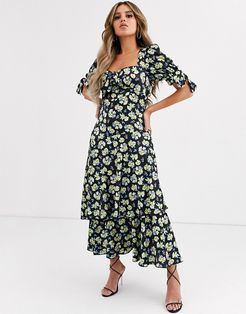 grunge floral maxi tea dress with tie front-Multi