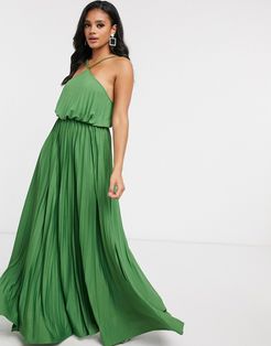 halter neck pleated maxi dress in green-Pink