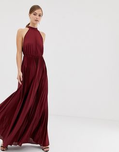 halter pleated waisted maxi dress-Red