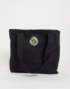 heavyweight oversized tote bag in washed black with 90s daisy embroidery