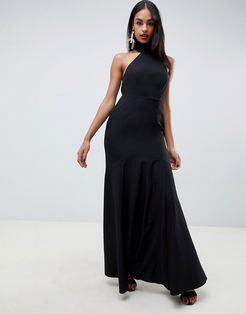 high neck maxi dress in crepe-Black