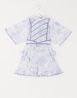 high neck mini skater dress with ladder inserts in blue and white toile de joue-Multi