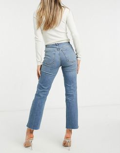 high rise stretch 'effortless' crop kick flare jeans in midwash with thigh rip-Blues