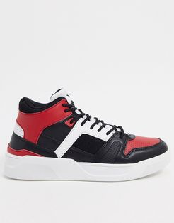 high top sneakers in black and red