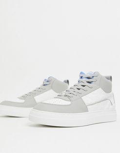 high top sneakers in gray and white emboss