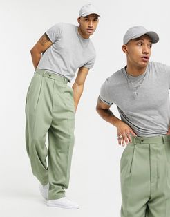high waisted balloon suit pants in khaki twill-Green
