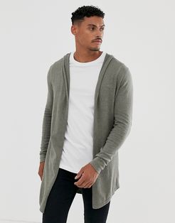 hooded open cardigan with curved hem in khaki-Brown