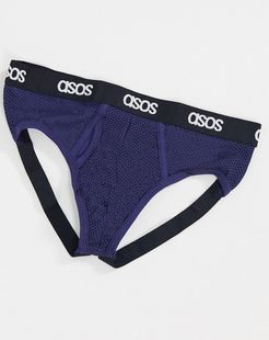 jock strap in navy mesh overlay with branded waistband