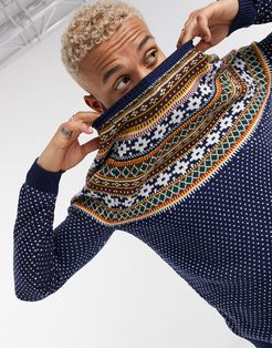 knitted midweight yoke fairisle sweater in navy