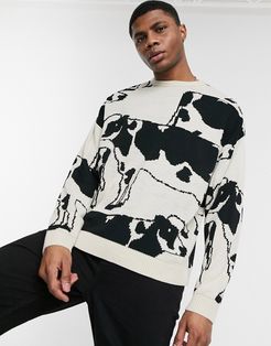 knitted oversized sweater with cow design-Multi