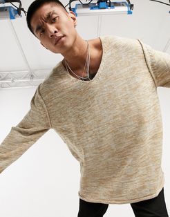 knitted oversized textured v neck sweater in space dye yarn-Multi