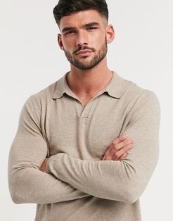 knitted revere long sleeve polo in coffee-Brown