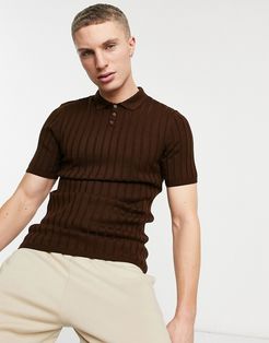 knitted ribbed polo neck t-shirt brown