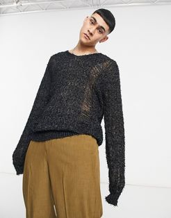 knitted v-neck sweater in textured charcoal yarn-Grey