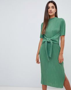 knot front plisse midi dress-Green