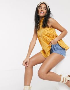 lace insert cami with peplum in Mustard-Yellow