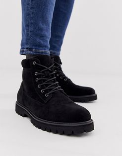 lace up boot in black faux suede with padded cuff detail