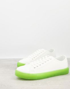 lace up canvas sneakers in white with green transparent sole
