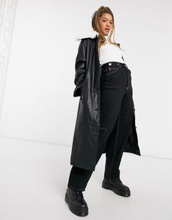 leather look trench with faux fur collar in black