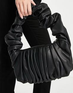 leather super ruched shoulder bag in black