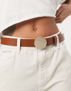 leather waist and hip jeans belt with disc buckle in beige