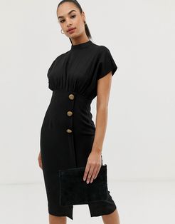 linen midi dress with high neck and tortoiseshell buttons-Black