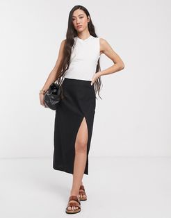 linen split front midi skirt-Black