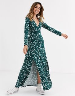 long sleeve button through maxi tea dress with splits in ditsy print-Multi