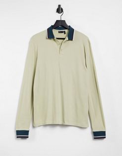 long sleeve polo shirt in beige waffle with tipped neckline