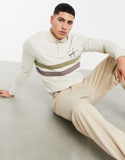long sleeve polo shirt with cut & sew panel & chest embroidery-Beige