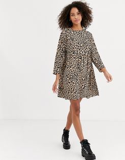 long sleeve smock mini dress in leopard print-Multi