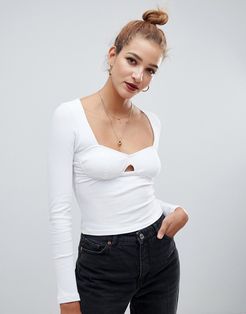 long sleeve top in rib with cup detail-White