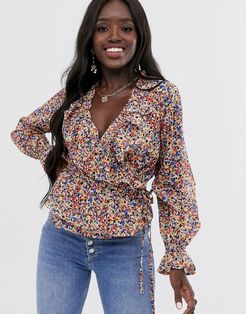 long sleeve wrap top with ruffle detail in floral print-Multi