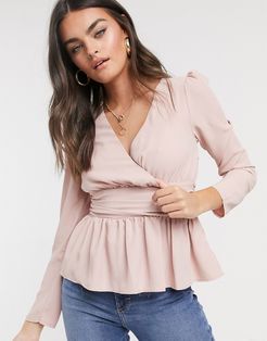 long sleeve wrap top with waist detail in blush-Pink