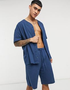 lounge baseball jersey and short pajama set-Navy