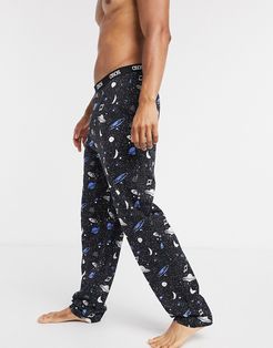 lounge pyjama bottoms with hand drawn space print and branded waistband-Black