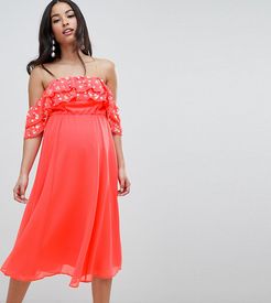 ASOS DESIGN Maternity bardot midi dress with embellished frill top-Pink