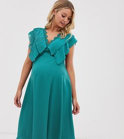 ASOS DESIGN Maternity double layer pleat sleeve midi dress with scallop trim-Blues