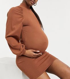 ASOS DESIGN Maternity knitted mini dress with pleat sleeve detail in camel-Stone