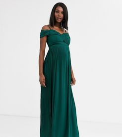 ASOS DESIGN Maternity lace and pleat off-the-shoulder maxi dress in forest green