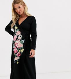 ASOS DESIGN Maternity long sleeve embroidered wrap midi dress-Black