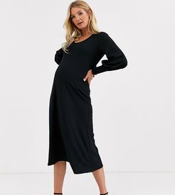 ASOS DESIGN Maternity long sleeve swing rib bow back midi dress-Black