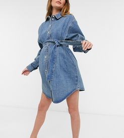 ASOS DESIGN Maternity organic denim oversized belted shirt dress in mid wash-Blues