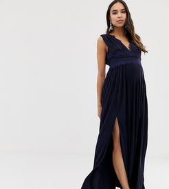 ASOS DESIGN Maternity Premium Lace Insert Pleated Maxi Dress-Navy