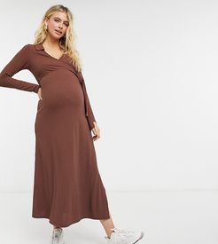 ASOS DESIGN Maternity rib maxi wrap dress with long sleeves in chocolate brown