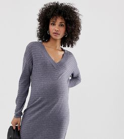 ASOS DESIGN Maternity ripple stitch deep v midi dress in eco yarn-Grey