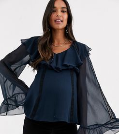 ASOS DESIGN Maternity ruffle top with lace insert-Navy