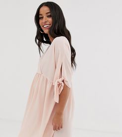 ASOS DESIGN Maternity smock wrap mini dress with tie sleeves-Pink